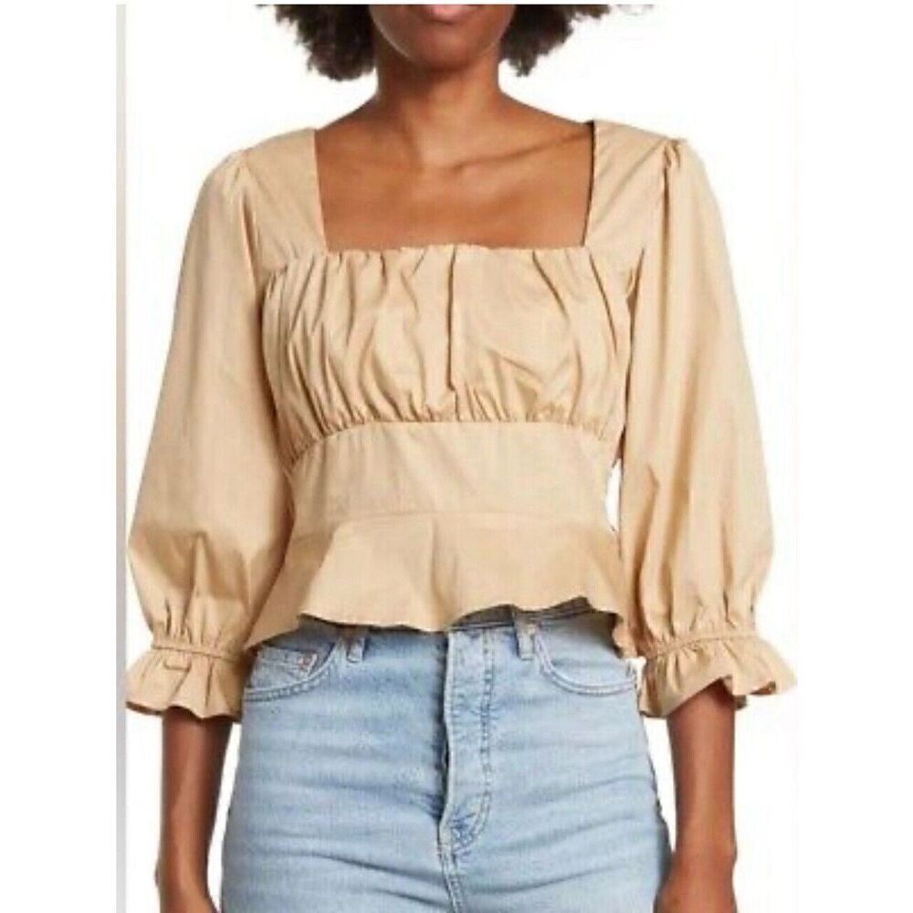 THE GOOD JANE Tan Coquette Style Square Neck Ruched 3/4 Sleeve Top Ruffle NWT XL